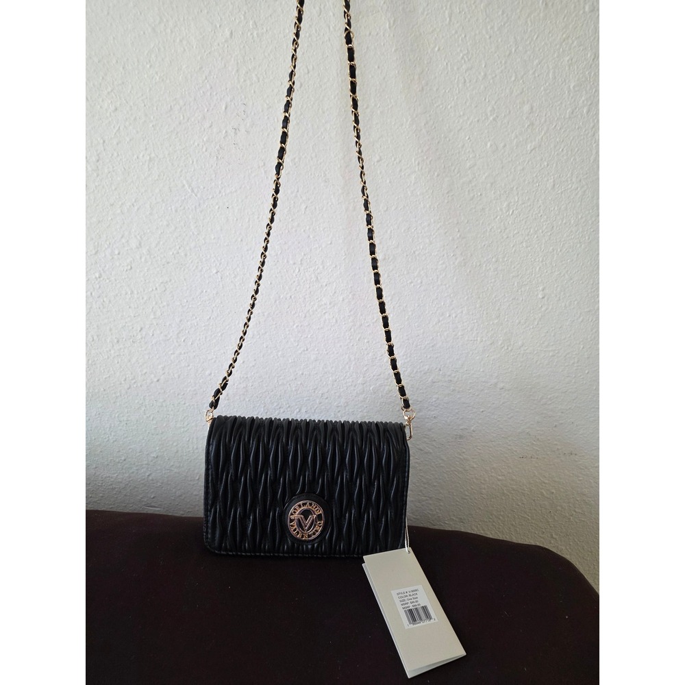 Valentino Orlandi Black Ruched Quilted Crossbody Bag Gold Chain Strap V-NWBC
